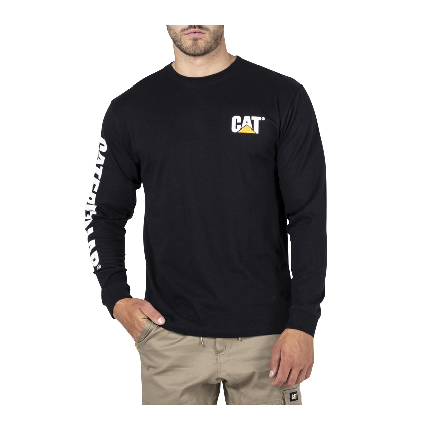 Black Caterpillar Trademark Banner L/S Men's T-Shirts | Cat-613725