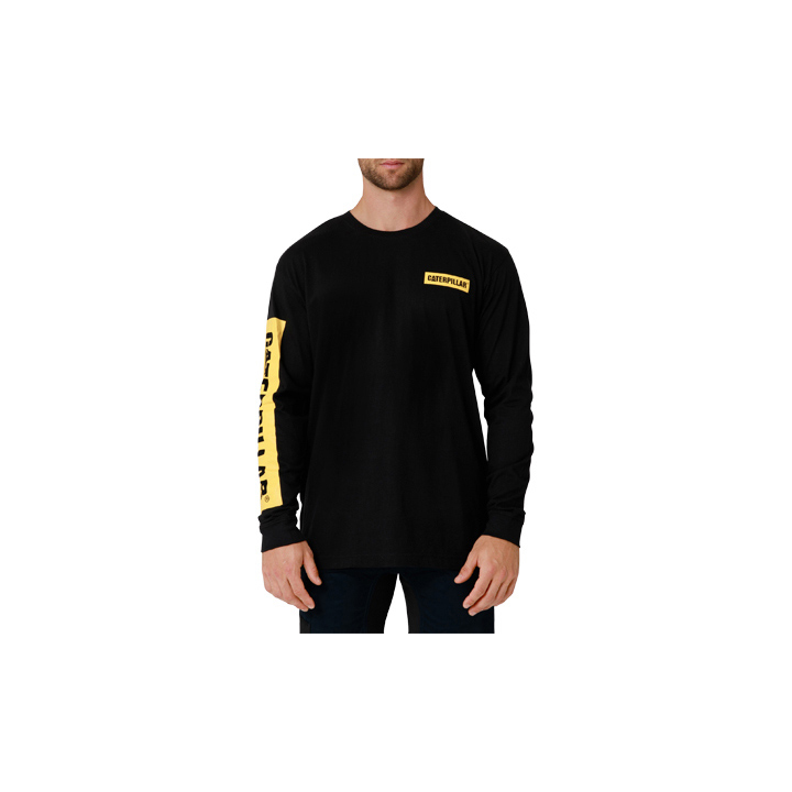 Black/Yellow Caterpillar Icon Block Long Sleeve Men's T-Shirts | Cat-431692