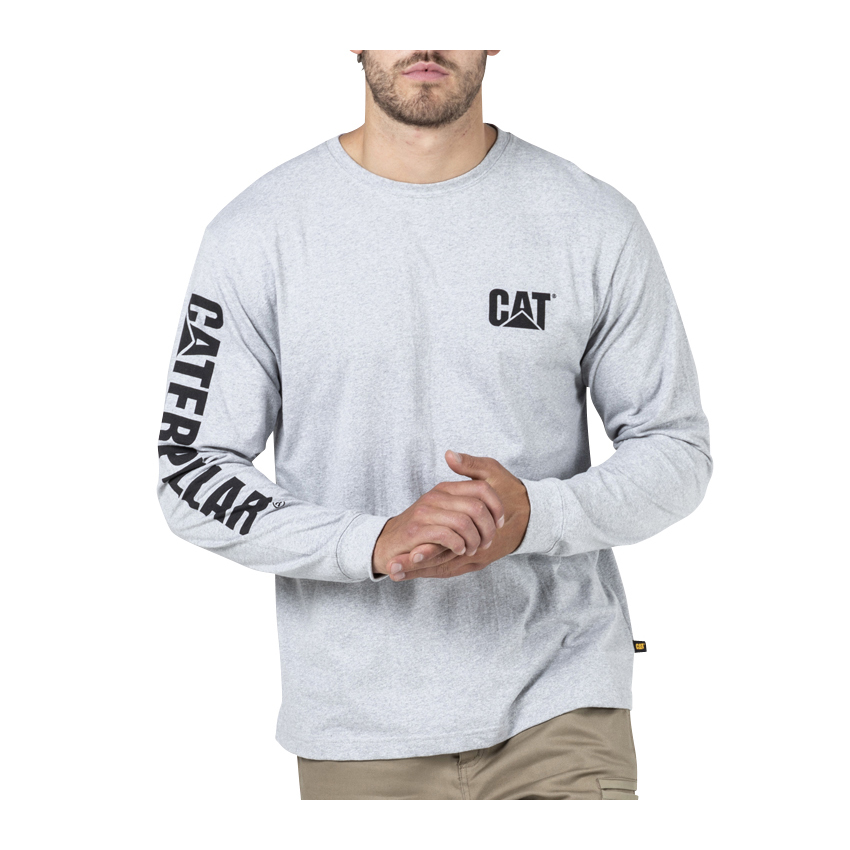 Grey Caterpillar Trademark Banner L/S Men's T-Shirts | Cat-790435