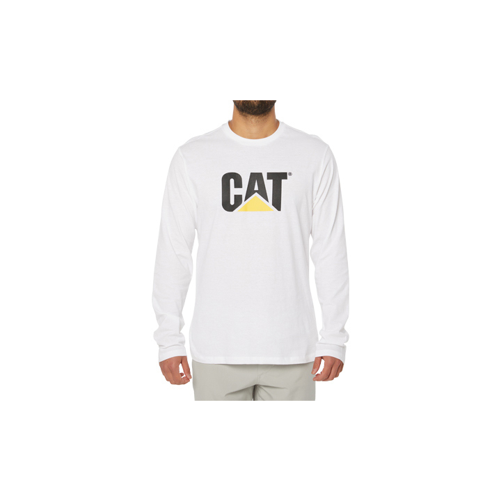 White Caterpillar Original Fit Ls Logo Men's T-Shirts | Cat-312075