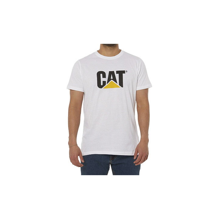 White Caterpillar Original Logo Men's T-Shirts | Cat-403578