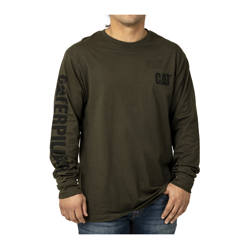 dark Caterpillar Trademark Banner Long Sleeve Men's T-Shirts | Cat-745326